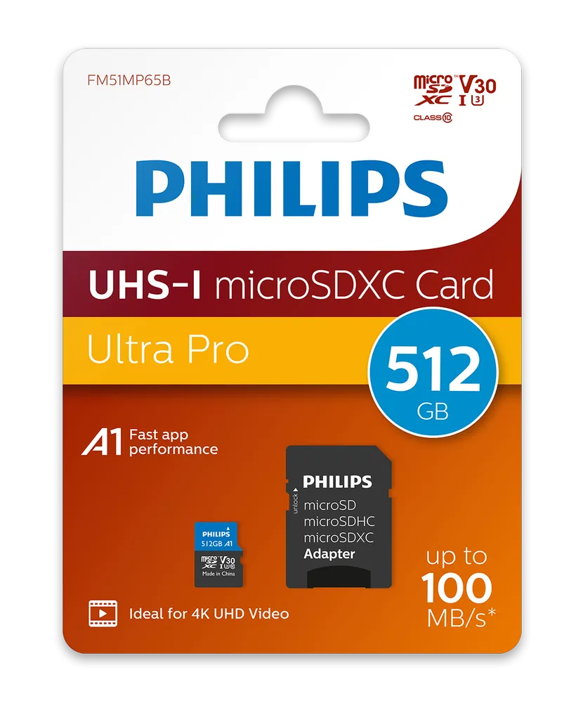 Card de Memorie Philips MicroSDXC, 512GB, Clasa 10, UHS-I U3, Adaptor inclus