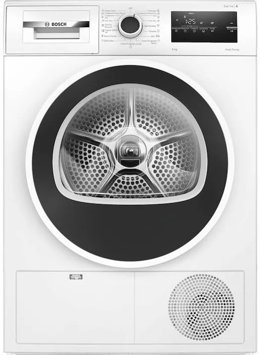 BOSCH Uscator de rufe WTH83256BY, pompa de caldura, 8 kg, 15 programe, Anti-sifonare, AutoDry Technology, EasyClean condenser, clasa E, Alb