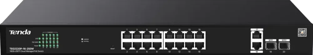 Switch Tenda PoE cloud managed, 18 GE+2 SFP porturi Gigabit, buget PoE 250W, metalic
