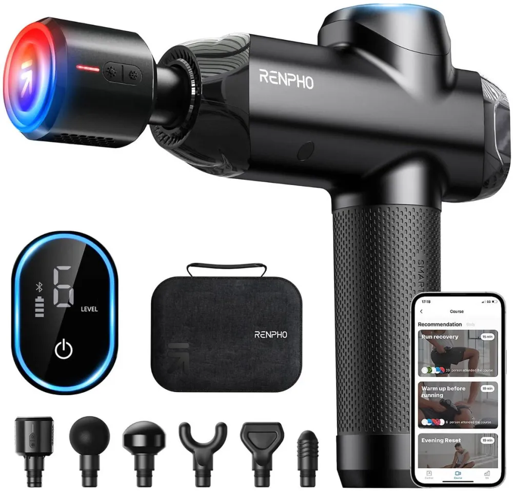 Renpho Aparat de masaj Gun Renpho Thermacool Power+, Incalzire si racire, 6 capete, 5 viteze, Control din telefon Bluetooth