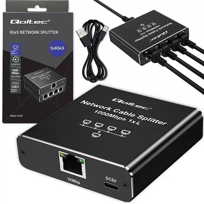 Switch QOLTEC Splitter Ethernet Mini Switch Qoltec 52293 Gigabit 1000Mbps, 1 Intrare 4 Iesiri RJ45, Carcasa Aluminiu Durabila, Semnal 100m, Alimentare USB-C, Plug&Play, Negru, Solutie Premium Retea Stabila Acasa Birou, Eficienta Maxima Conectivitate