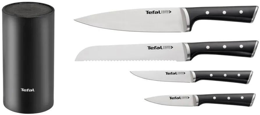 TEFAL Set de 4 Cutite cu suport Tefal Ice Force, Cutite universale de 20 si 11 cm, Cutit paine 20 cm, Cutit curatare 9 cm, inox, compatibil cu masina de spalat vase, negru