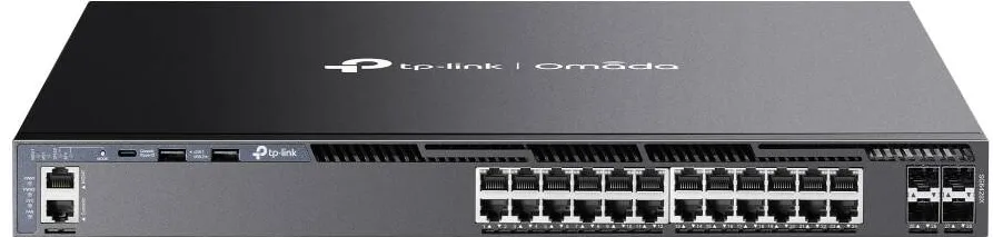 Switch TP-Link Omada, TP-LINK, 1U, 128 GB/s, 24 x RJ45 PoE+ Gigabit, 4 x slot SFP+ de 10 Gbps, Negru