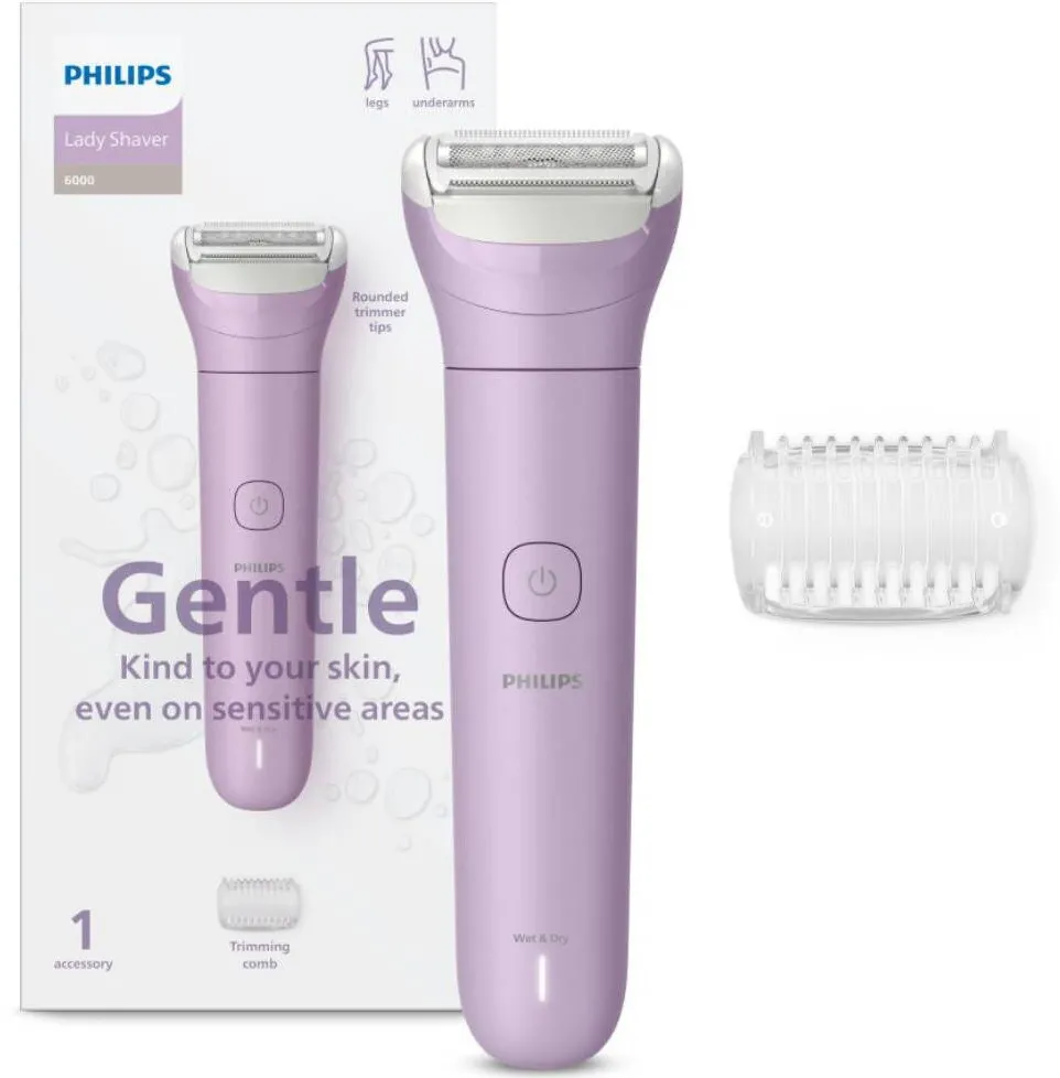 Philips Aparat de ras electric pentru femei, fara fir PHILIPS BRL114/00, umed si uscat, autonomie: 80 minute, 1 accesoriu, trimmer (pieptene) pentru tuns, culoare mov