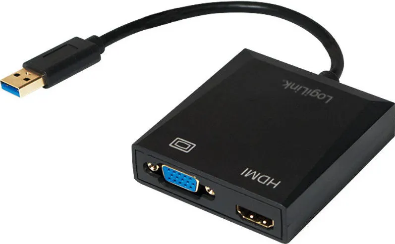 Adaptor Logilink 1x USB 3.0 Male - 1x HDMI Female + 1x VGA Female Black
