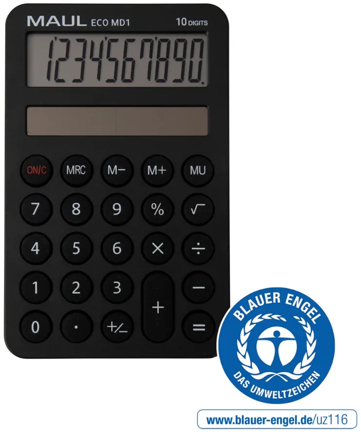 Maul Calculator de buzunar ECO MD1, 10 digits, realizat din plastic reciclat, incarcare solara-negru