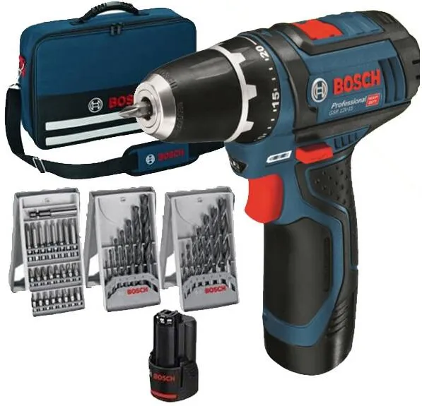 BOSCH GSR 12V-15 - Masina de gaurit si insurubat cu 2 acumulatori, Li-Ion, 12 V, 4 Ah, 30 Nm, led iluminare, geanta textila, accesorii