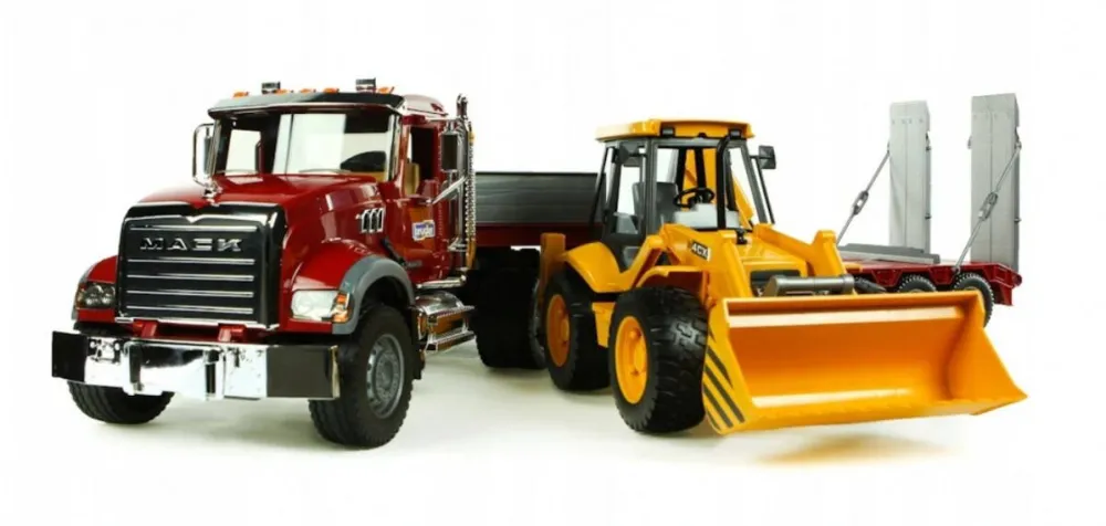 Masinuta BRUDER MACK Granite Low loader truck with JCB 4