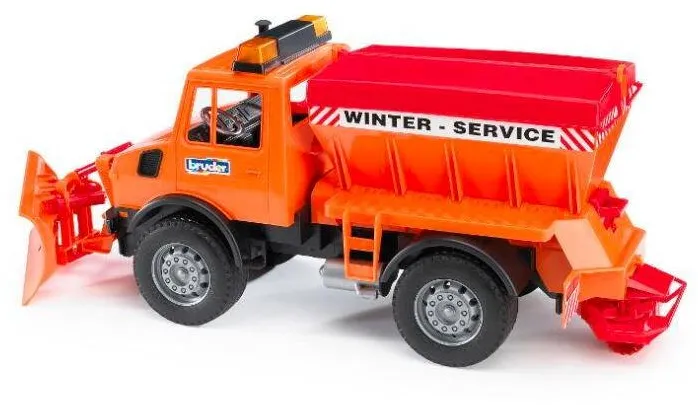 Masinuta BRUDER Mercedes-Benz Unimog, freza de zapada si imprastiere de nisip