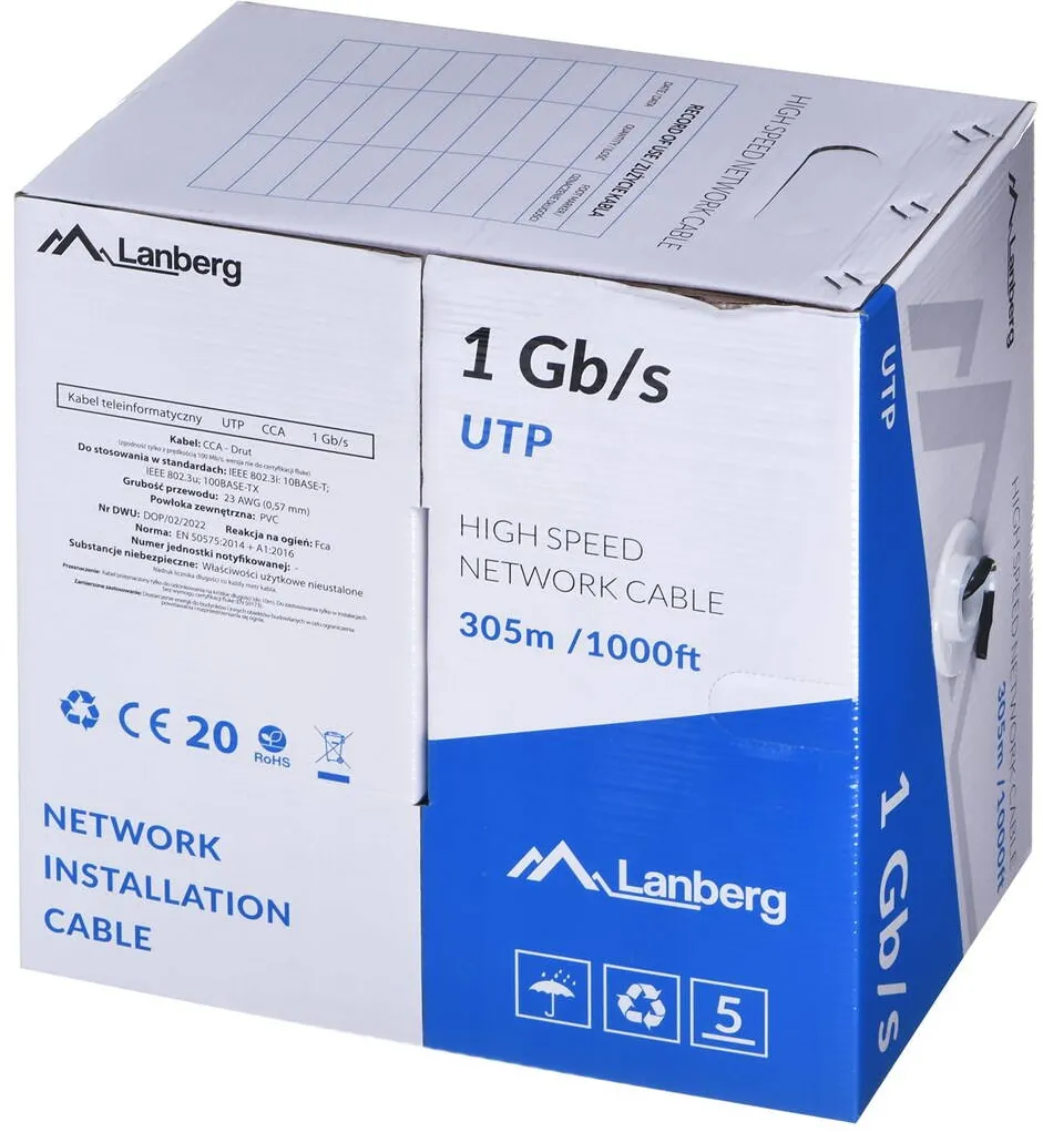 LANBERG  UTP CABLE 1GB/S 305M WIRE CCA BLACK