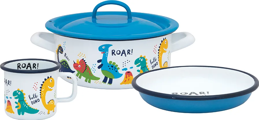 Metalac Set 3 piese 1.5l Dino Metalac email/Cana 8cm/Caserola capac14cm/Farfurie 18cm
