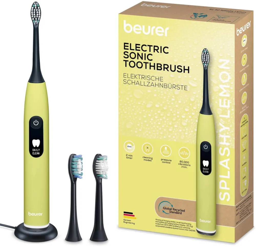 Beurer SC 50 Splashy Lemon Green Planet, Electric Toothbrush yellow, incl. 2 brush heads
