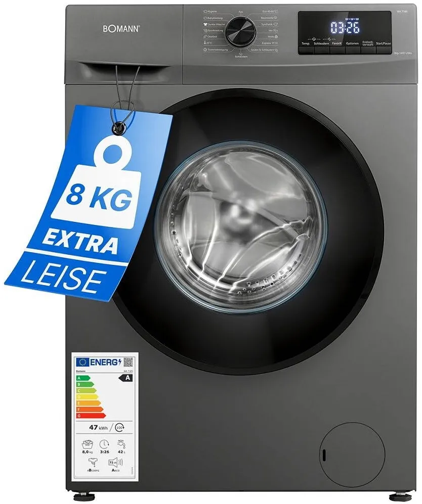 Bomann Masina de spalat rufe Bomann, WA7185GR, capacitate 8 kg, clasa A, 15 programe, consum redus, 1400 rpm, afisaj LED, 6 trepte temperatura, protectie la preaplin, clatire suplimentara, pornire intarziata, control spuma, control balans cuva, antracit