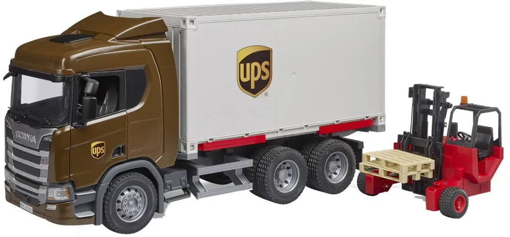 Masina BRUDER Camion Bruder - UPS Scania Super 560R si stivuitor, 1:16