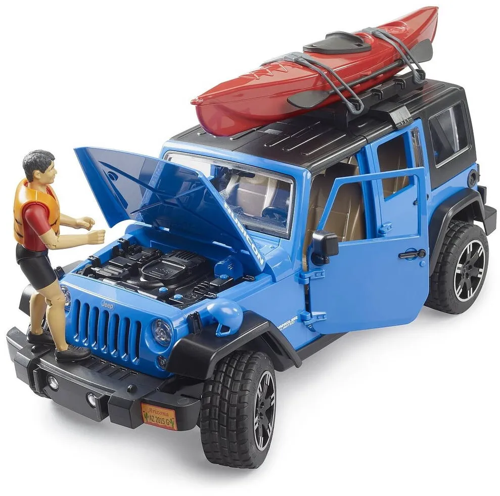 Masina BRUDER Masinuta Bruder Jeep Wrangler Rubicon Unlimited cu Caiac si Figurina, BR02529