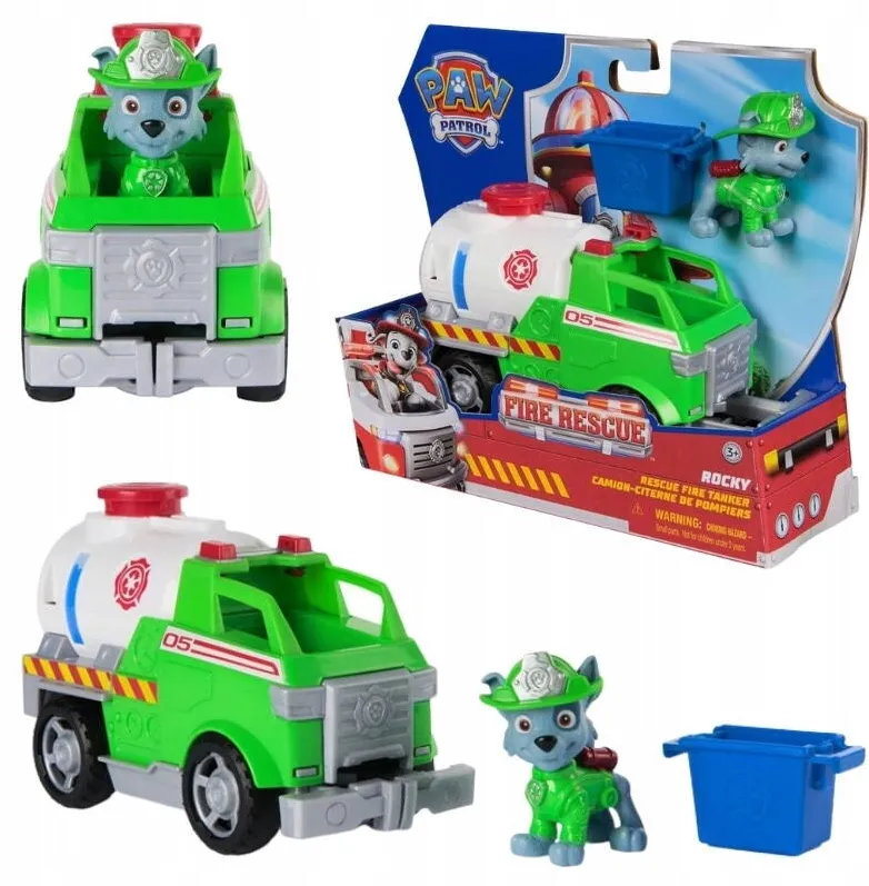 Spinmaster Set Figurina Si Vehicul Tematic, Paw Patrol, Camion De Salvare Rocky Rescue Fire Tank – Inaltime Aprox. 20 cm, Figurina Lui Rocky – Inaltime Aprox. 5 cm, Prindere Integrata Retractabila La Apasarea Unui Buton, 20 x 13 x 17 x 7.5 cm, Multicolor