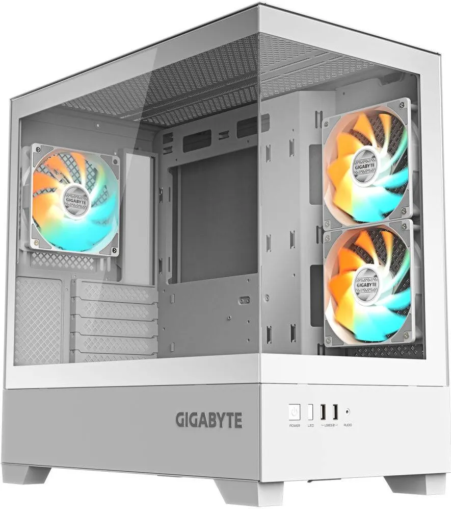 Carcasa PC GIGABYTE Carcasa microATX Gigabyte C201 Panoramic Ice, 3x12cm ventilator, geam securizat, RGB, 431x242x430mm, alb