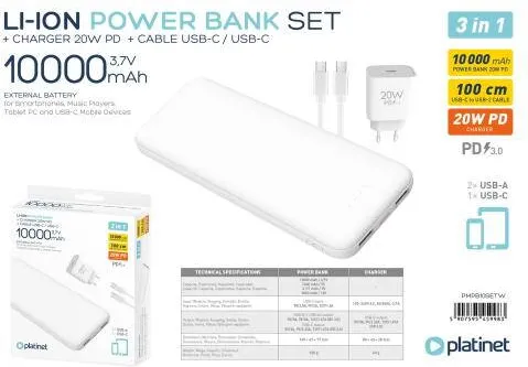 PLATINET Power bank set 10000 mah + 20W pd charger + 1M cable white [45998]