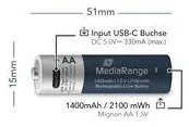 MediaRange Rechargeable USB-C Li-Ion Batteries, Micro AAA I 1.5V I 500mAh, 4-Pack