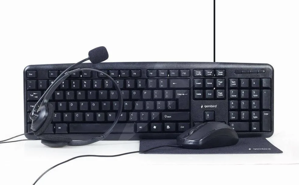 Kit Periferice Gembird KBS-UO4-01 - Tastatura, USB, Black + Mouse Optic, USB, Black + Casti cu microfon, Black + Mouse Pad, Black
