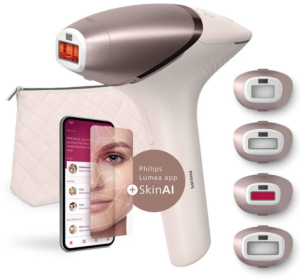 Philips Epilator IPL Lumea Seria 9900 BRI977/00, Senzor Smartskin, tehnologie SenseIQ, conectare la aplicatie cu functii Skin AI, utilizare cu sau fara fir, 450.000 impusuri, accesoriu fata, corp, axila si inghinal, Roz