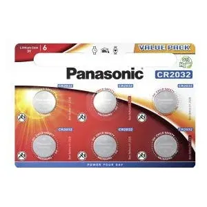 Panasonic "CR2032" Button Cell, 3V, Lithium, pack of 6
