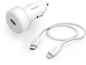 HAMA Car Fast Charger with Lightning Charging Cable, PD, 20 W, 1 m, white