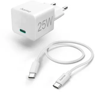 HAMA Fast Charger with USB-C Charging Cable, Mini Charger, PD, 25W, 1.5m, white