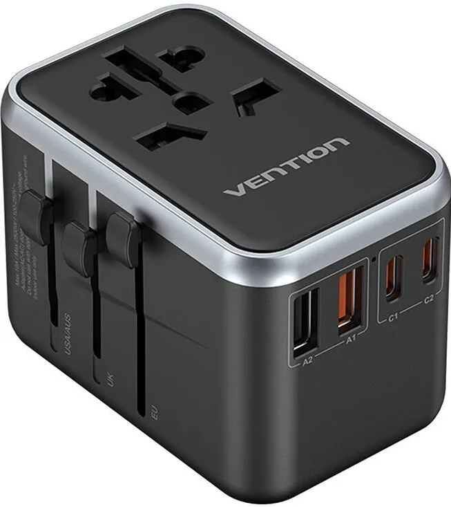 Vention Universal Travel Adapter 65W Vention FJFB0 GaN 2xUSB-C 2xUSB-A (black)