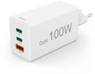 HAMA Fast Charger, GaN, 2x USB-C, 1x USB-A, Mini Charger, PD, 100 W, white