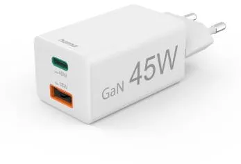 HAMA Fast Charger, 1x USB-C, 1x USB-A, Mini Charger, PD, 45 W, white