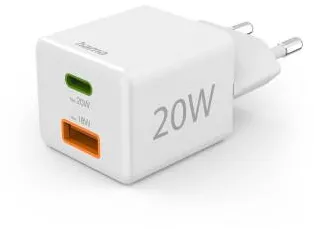 HAMA Fast Charger, 1x USB-C, 1x USB-A, Mini-Charger, PD, 20 W, white
