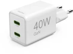 HAMA Fast Charger, GaN, 2x USB-C, Super-Mini Charger, PD, 40 W, white