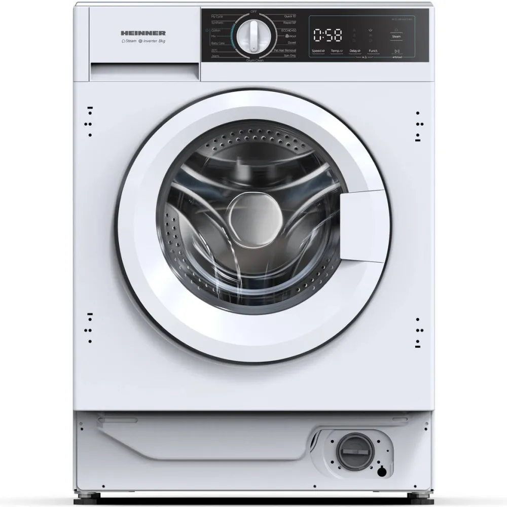 HEINNER Masina de spalat rufe incorporabila HEINNER HWM-BI814IVA+++, 8 kg, 1400 rpm, Clasa A, Motor inverter, Display digital, Blocare acces copii, Program igenizare cuva, Alb