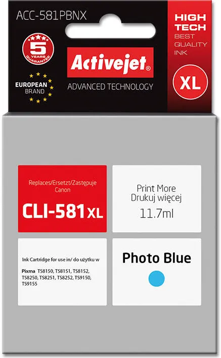 Cartus Imprimanta ACTIVEJET Compatibil ACC-581PBNX for Canon printer; Canon CLI-581PB XL replacement; Supreme; 11.70 ml; photo blue