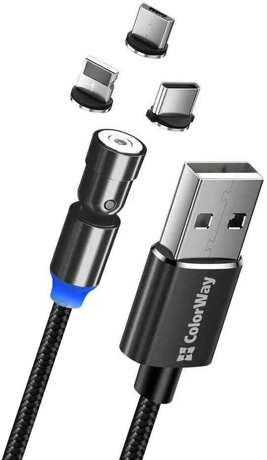 ColorWay Cable 3in1 (Lightning+MicroUSB+Type-C) Magnetic Rotation 540° 2.4А 1m black