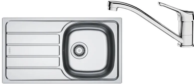 Franke Pachet chiuveta bucatarie inox Franke SKL 611-78/44 ST, dreptunghiulara, 1 cuva si picurator pe partea stanga, 78x43.5x15 cm, adancime cuva 15 cm + Baterie Basic Crom, rotatie pipa 360°, discuri ceramice, furtunuri flexibile inox, Inox dekor