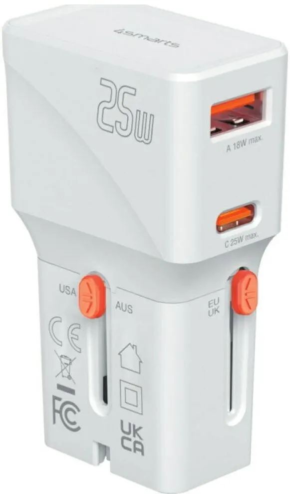 4smarts Adaptor retea 4smarts World Travel Adapter Nomad Pocket, 1x USB-C, 1xUSB-A, 25W, 3A, Alb