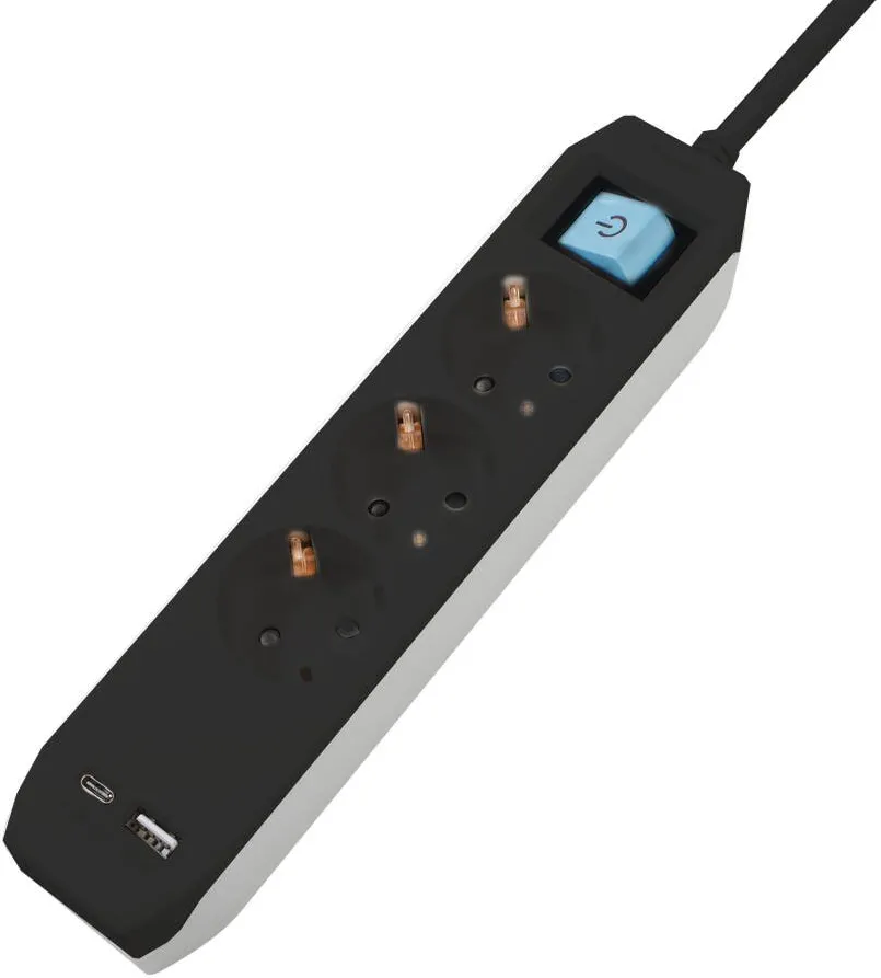 Spacer Prelungitor SPACER, Schuko x 3, Type-C x1, USB x 1, 3.1A, cablu 1.8m, 16 A, max. 3500W, protectie copii, Intrerupator, Negru