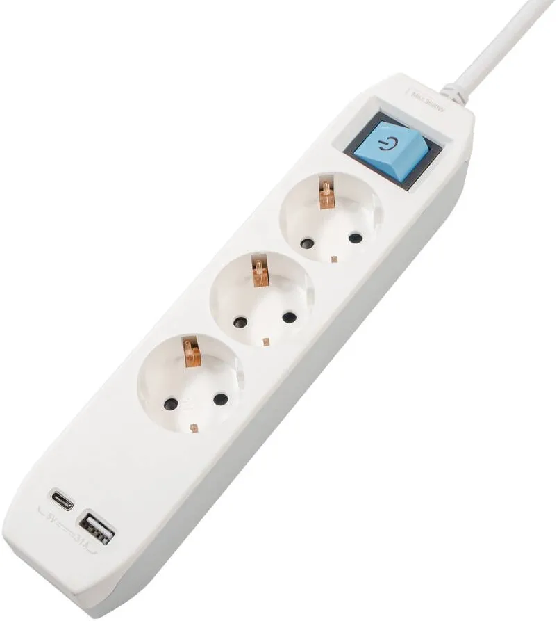 Spacer Prelungitor Spacer, Schuko x 3, USB Type-C x 1, 16A, alb-gri, cablu 1.8m