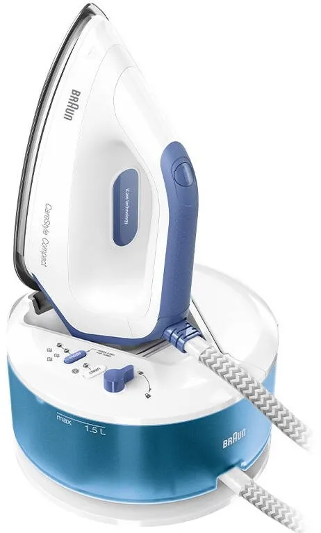 BRAUN Statie de calcat Braun CareStyle Compact IS2143BL, 2400W, 6 bari, abur variabil 125g/min, jet de abur 420g/min, rezervor 1.5L, talpa EloxalPlus, Alb/Albastru