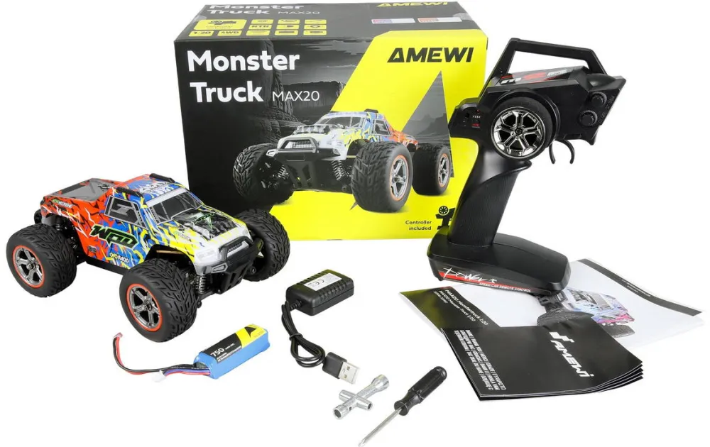 Masina AMEWI Masina RC cu telecomanda Monster Truck Max 20, Lungime 21 cm, Scara 1:20, Viteza aprox: 50Km/h, 4WD, 2.4Ghz, Lumini LED fata/spate, 14+