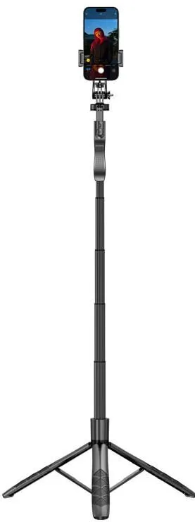 CRONG Trepied selfie stick, Crong, SelfieGo Ultra, Bluetooth, rotire 360°, aluminiu, negru, 157.5x33.6cm