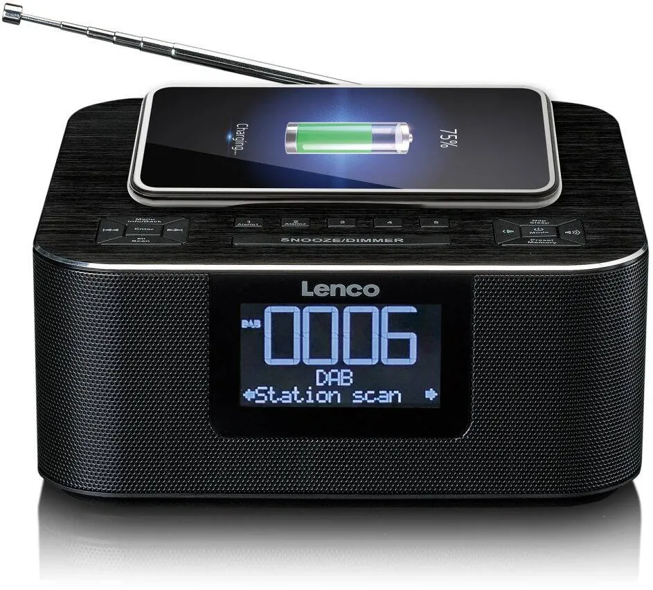 Lenco Radio de ceas FM Lenco CR-625BK cu Bluetooth si incarcare wireless, negru