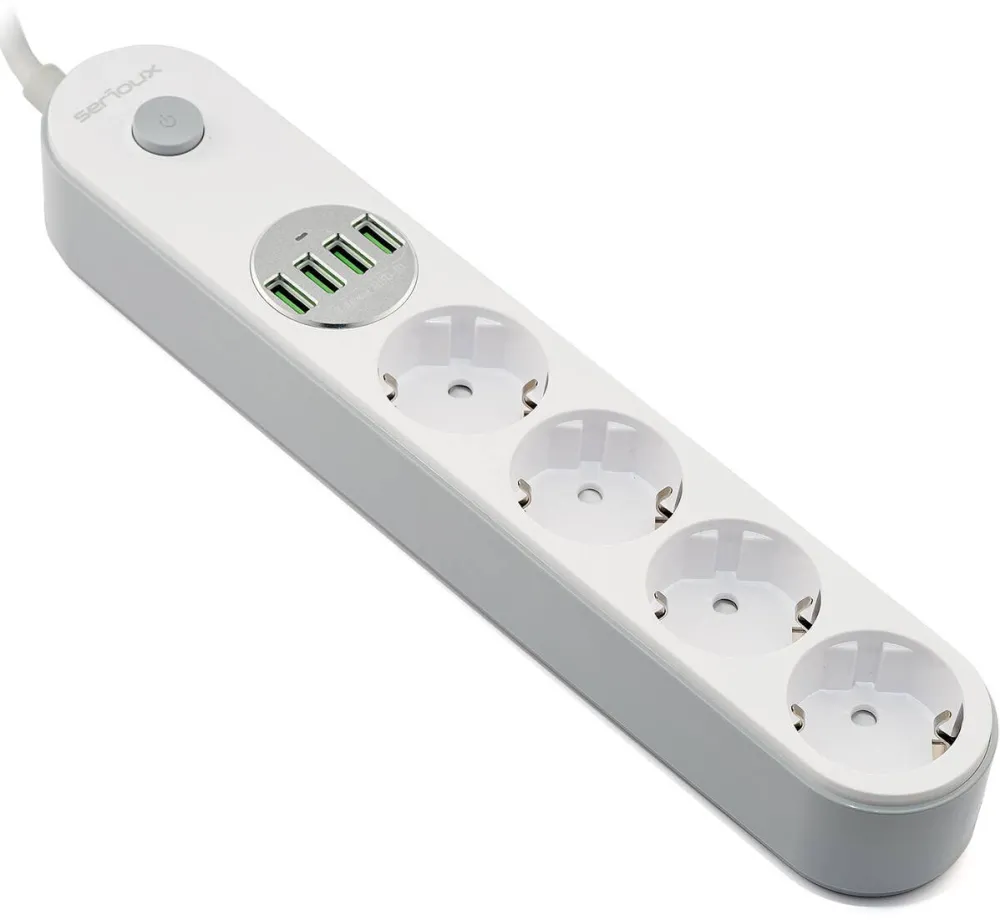 Serioux Prelungitor Serioux SRXP-PS44W, 4 prize, 4xUSB, 5V-3.1A, intrerupator, protectie supratensiune, 2m, Alb