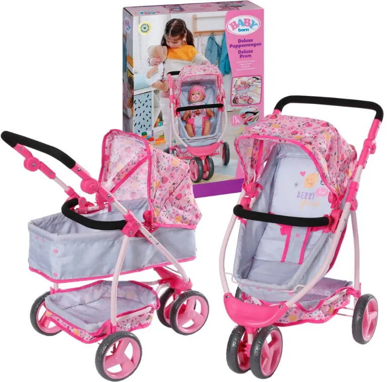 Zapf Carucior pentru papusi, Baby born, Carucior deluxe, Maner reglabil 46-77 cm, Pentru papusi 36-43 cm, Alb, Abs/metal