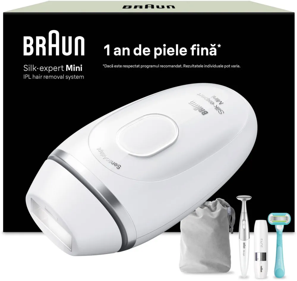 BRAUN Epilator IPL Braun IPL Silk·expert Mini PL1115, SensoAdapt, 300.000 impulsuri, 3 niveluri de intensitate, Corp si fata, Mini aparat pentru indepartarea parului facial, Trimmer bikini, Aparat de ras Venus, Saculet de calatorie, Alb