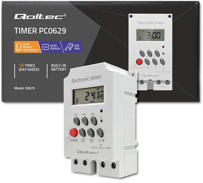 QOLTEC Programator timp Qoltec PC0629, montaj DIN35, ecran LCD, baterie incorporata