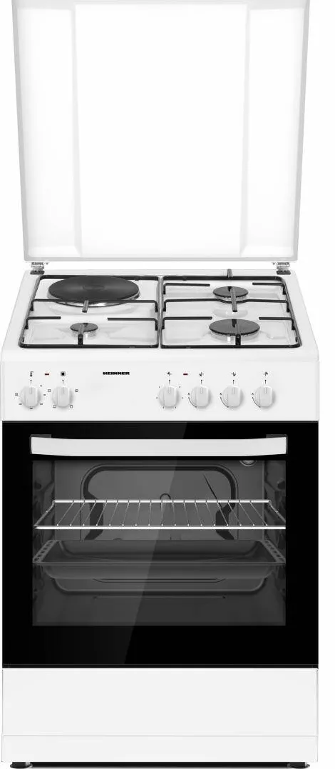 Aragaz mixt HFSC-S60E1HSWH, 3 arzatoare gaz + 1 plita electrica, aprindere electrica arzatoare, cuptor electric, clasa A, grill, 60x60cm, Alb