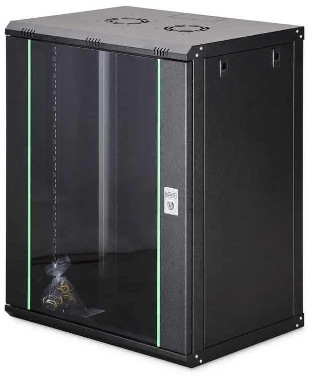 Rack Digitus Cabinet metalic, Digitus, 19" 16U, 600x450cm, cu usi din sticla, negru, nemontat